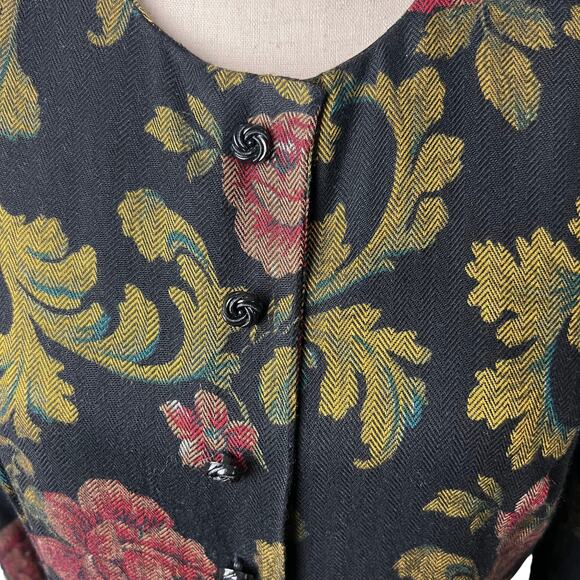 Vintage Virgo II Floral Jacquard Dress Black Gold Red Roses Puff Shoulder Sz 12 - Picture 3 of 13